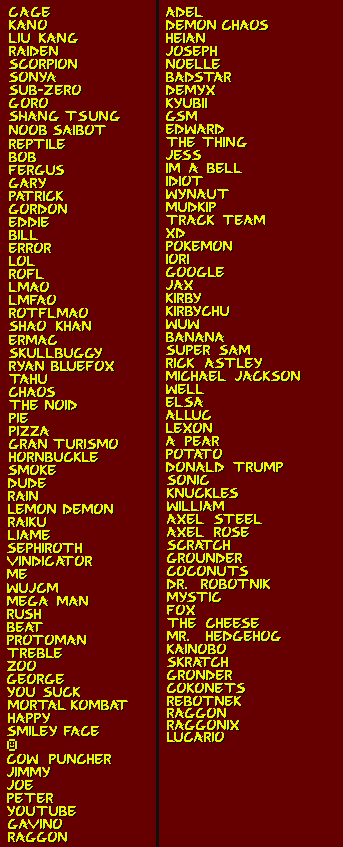 Tons and tons of MK1 lifebar names...